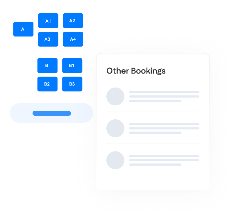 A digital booking interface displays seat selection buttons labeled A, A1–A4, B, B1–B3, and a panel titled "Other Bookings" with three blurred-out entries.
