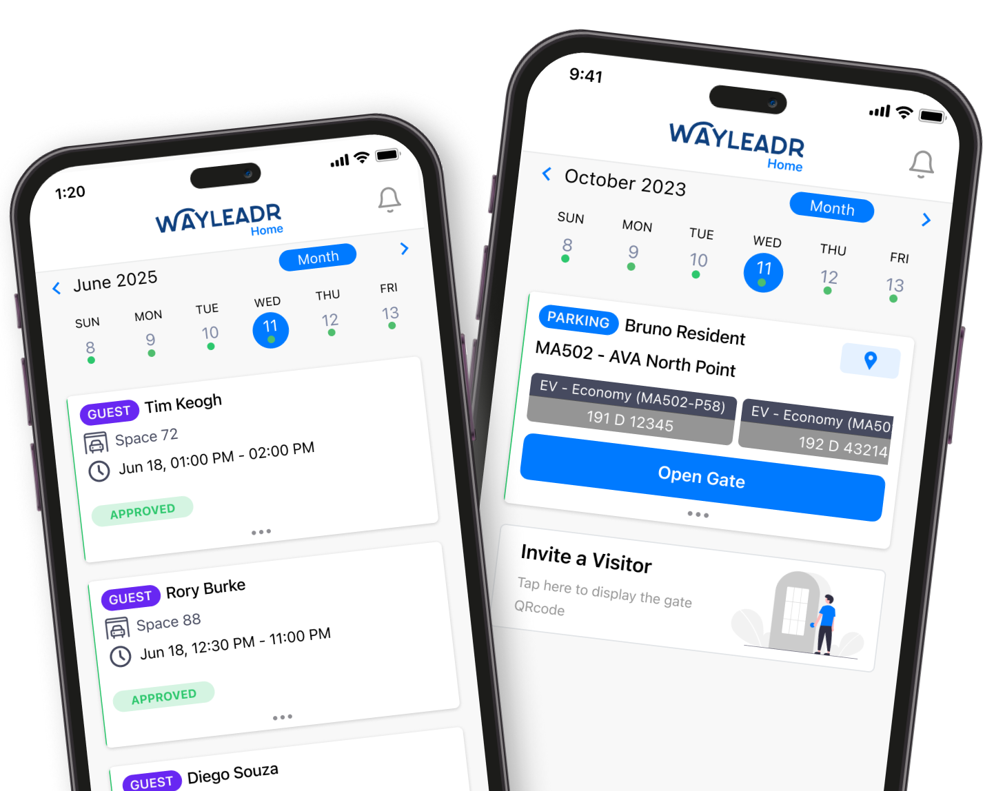 Two smartphones display the Wayleadr app interface, showing parking reservations and visitor details for specific dates in calendar and list views.