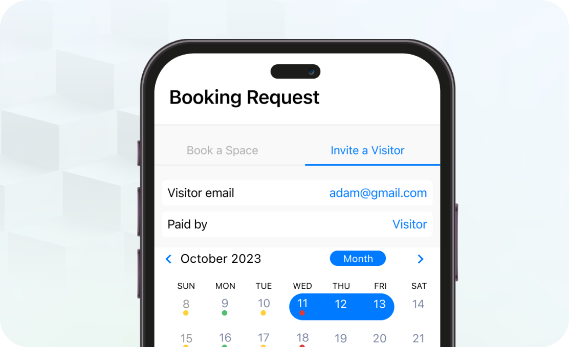 A smartphone screen displays a booking request form with a calendar set to October 2023 and a highlighted date range from October 11 to October 13.