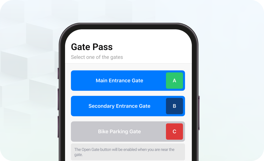 A smartphone screen displays a gate pass app with options for Main Entrance Gate (A), Secondary Entrance Gate (B), and Bike Parking Gate (C).