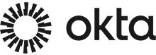 Okta logo with a circular black sunburst design on the left and the word "okta" in bold, lowercase black letters on the right.