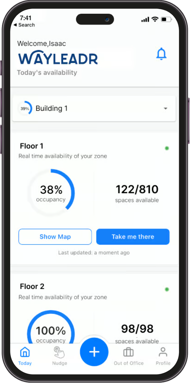 Smartphone screen showing a parking app with real-time space availability for two floors: Floor 1 at 38% occupancy, Floor 2 at 100% occupancy, and navigation options.