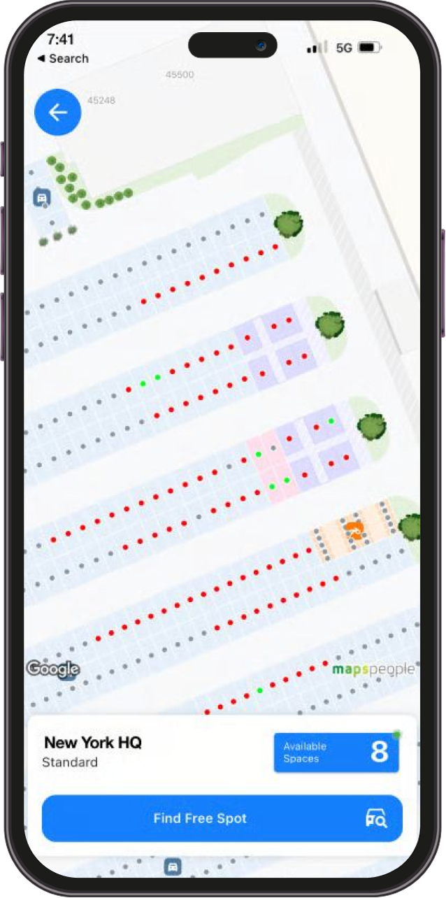Smartphone screen displaying a parking lot map with red and green dots indicating occupied and available spaces; 8 spots available at New York HQ.