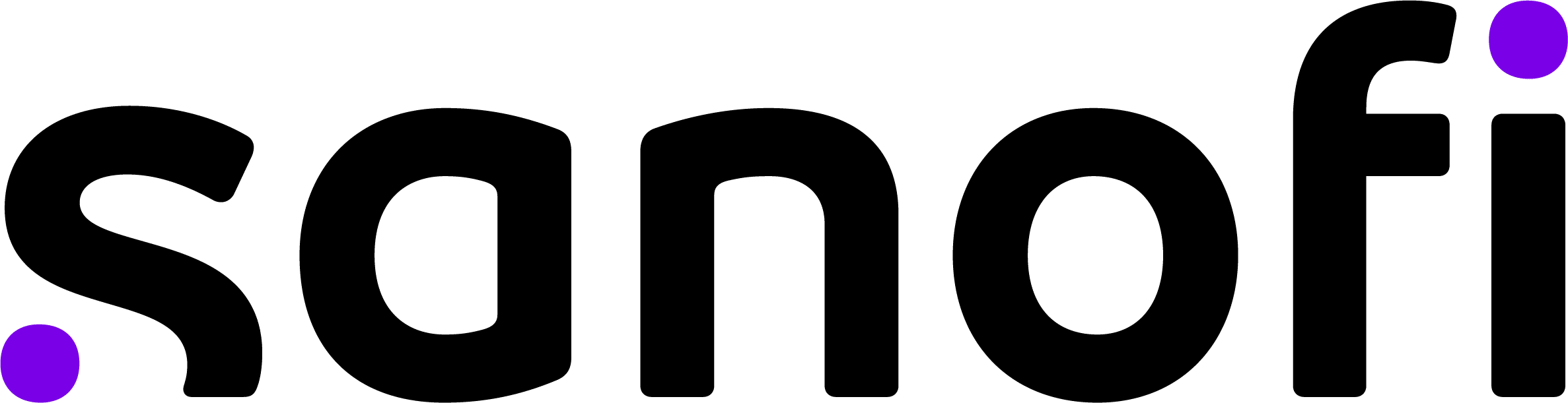 Sanofi logo in black lowercase letters with purple dots over the "i" and at the end of the "s" on a white background.