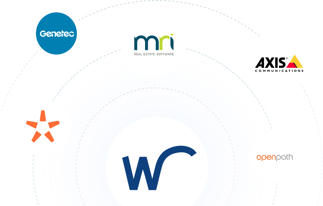A graphic displays five company logos: Genetec, MRI Real Estate Software, Axis Communications, Openpath, and a large central blue "wr" logo.