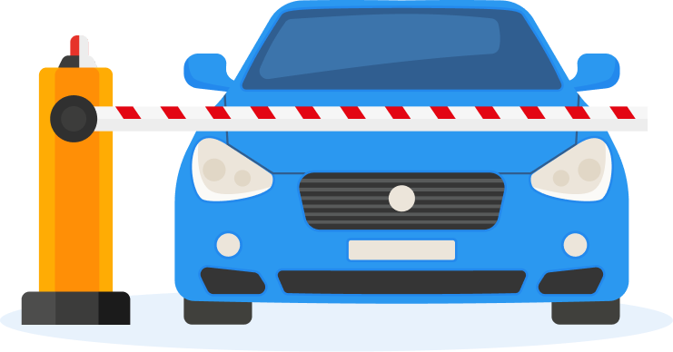 Illustration of a blue car stopped in front of a red and white striped parking barrier gate on a gray surface.