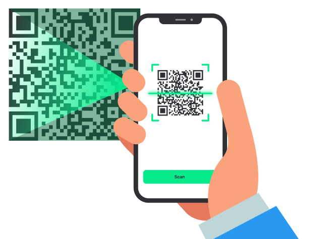 A hand holds a smartphone scanning a large QR code, with a green scanning line and a “Scan” button visible on the phone screen.