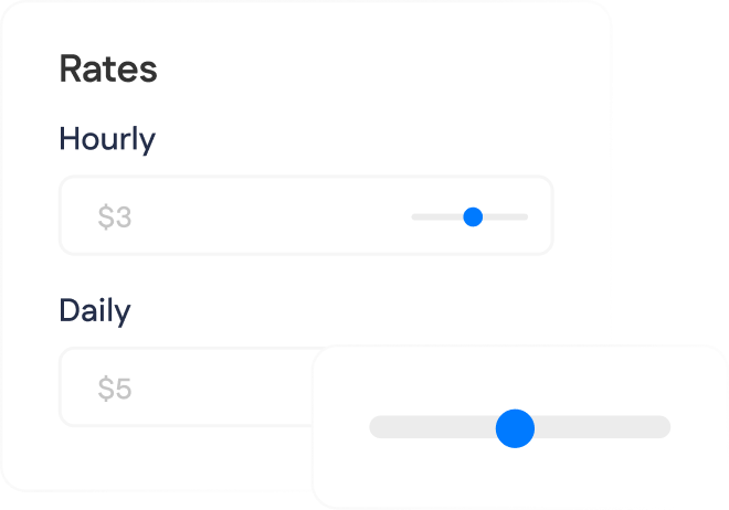 A user interface shows adjustable rate sliders, with hourly rate set at $3 and daily rate slider set at an unspecified value.