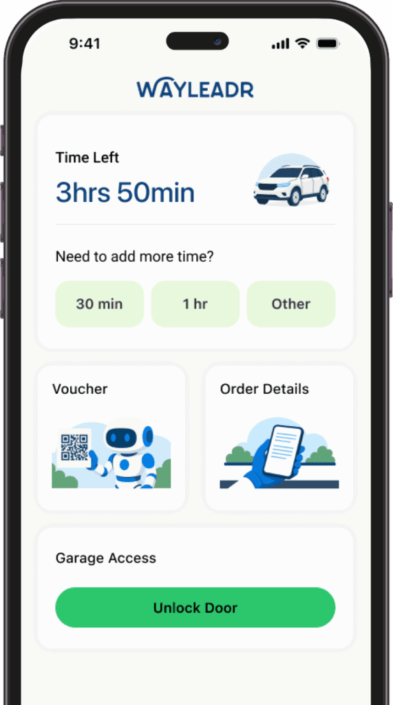 Smartphone screen showing the Wayleadr app with 3 hours 50 minutes parking time left, options to add more time, view voucher, order details, and unlock the garage door.