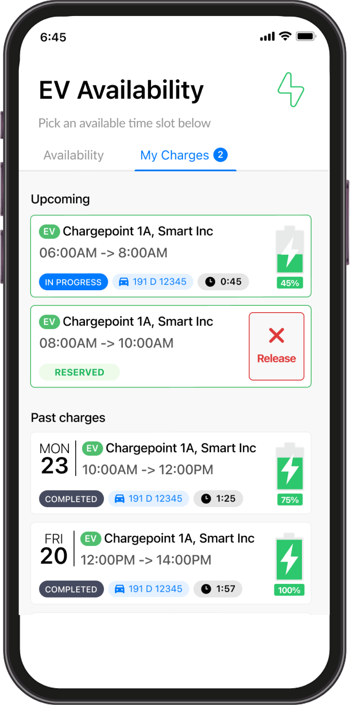 Smartphone screen displaying an electric vehicle charging app showing upcoming and past charging sessions with time slots, station info, and charging status indicators.