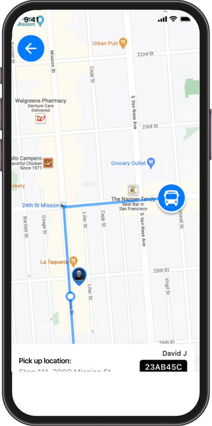 A phone screen displays a map with a route from 24th St Mission to The Napper Tandy, showing a pick-up location and a bus icon along the path.