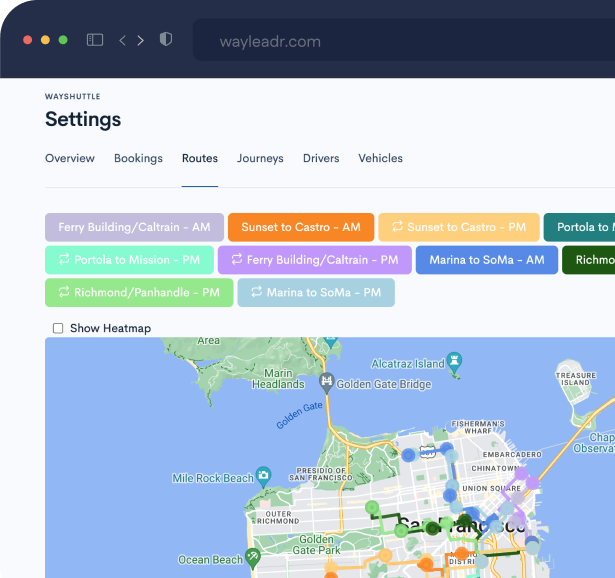 Screenshot of a shuttle service settings page showing route options and a map with colored markers indicating shuttle stops in the San Francisco area.
