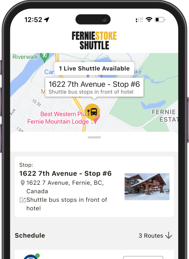 A smartphone screen displays the Fernie Shuttle app, showing a live shuttle at 1622 7th Avenue, Stop #6, with a map, stop details, and a photo of the shuttle stop in front of a hotel.