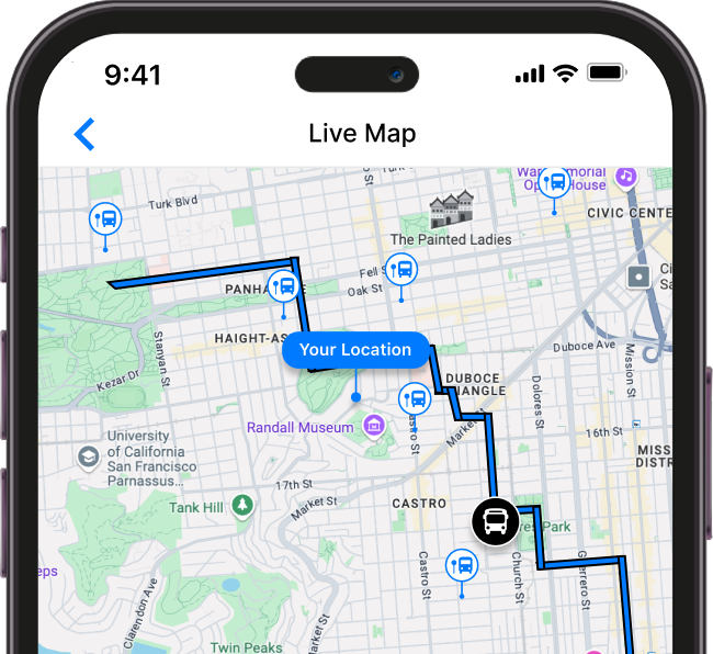 A smartphone screen displays a live map showing a route, current location, and nearby bus stops in San Francisco, including landmarks like the Painted Ladies and the University of California.