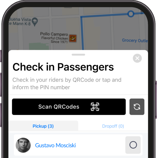 A smartphone screen displays a ride-sharing app with a "Check in Passengers" prompt, a "Scan QRCodes" button, and a passenger named Gustavo Mosciski listed for pickup.