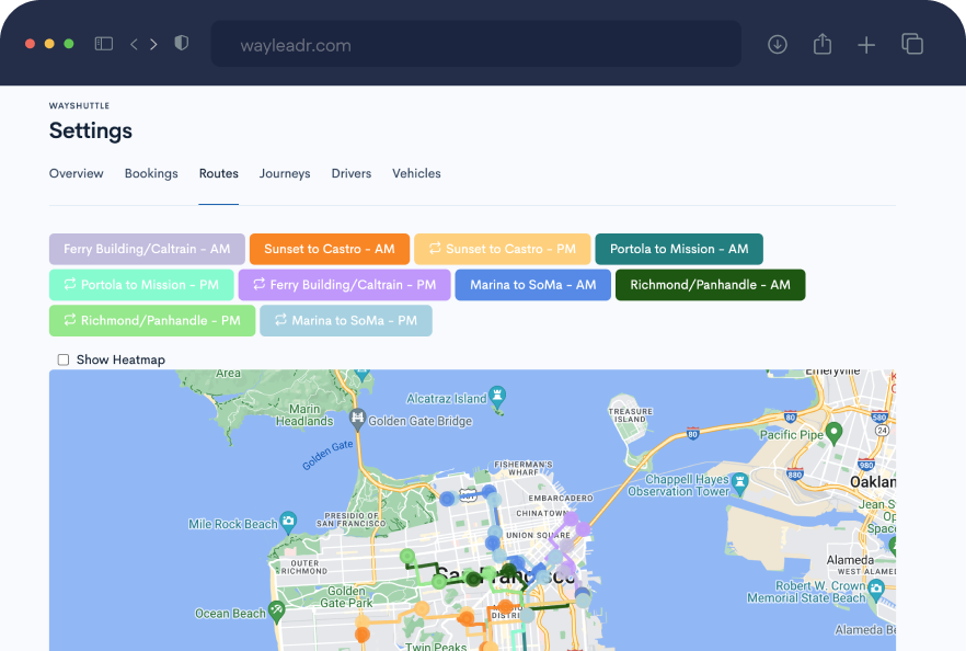 A web page titled "Settings" displays shuttle routes in colored labels above a map of San Francisco and the East Bay.