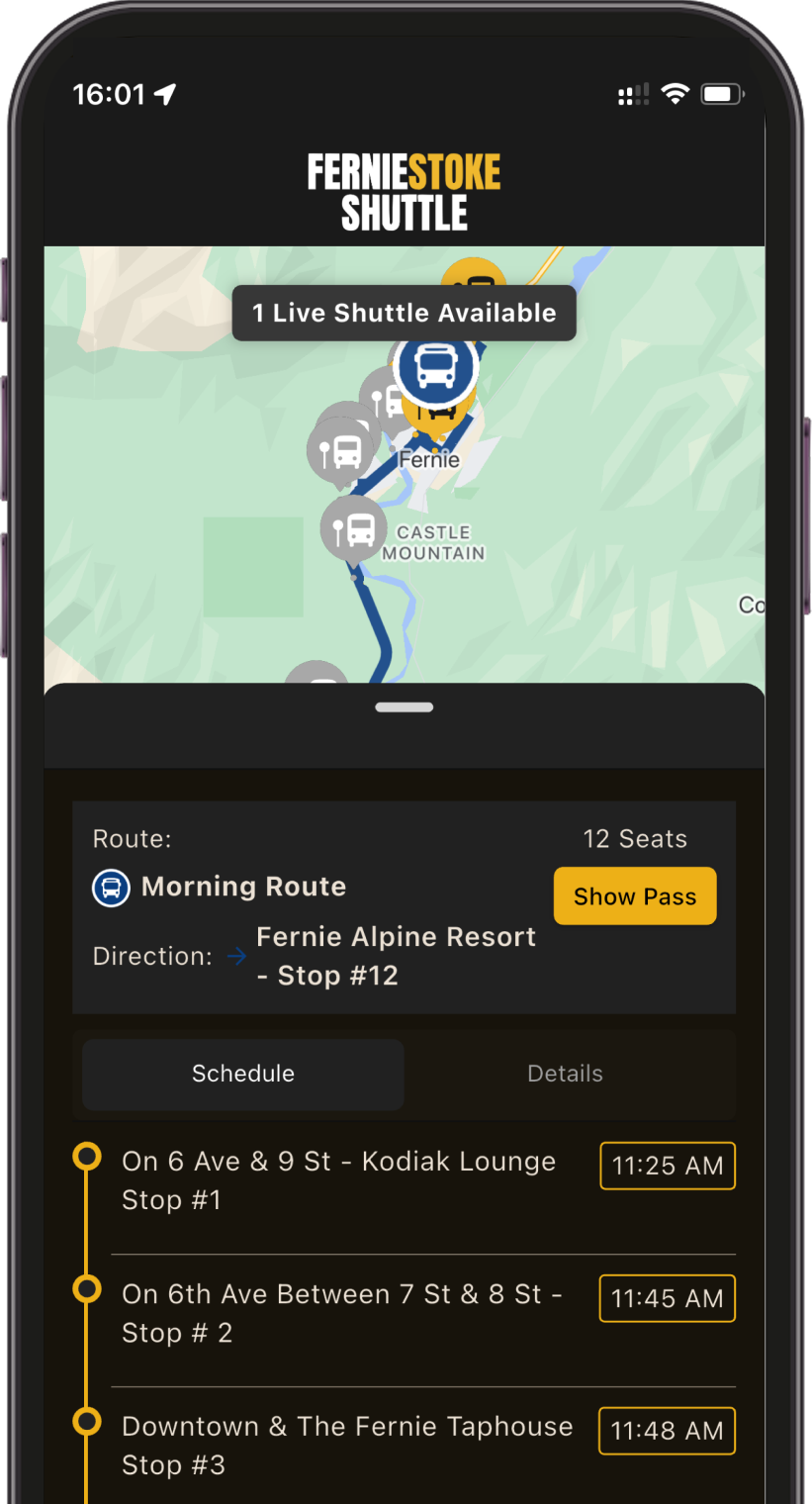 Smartphone screen displaying the Fernie Stoke Shuttle app with a map, shuttle availability, route stops, and scheduled times for the morning route.