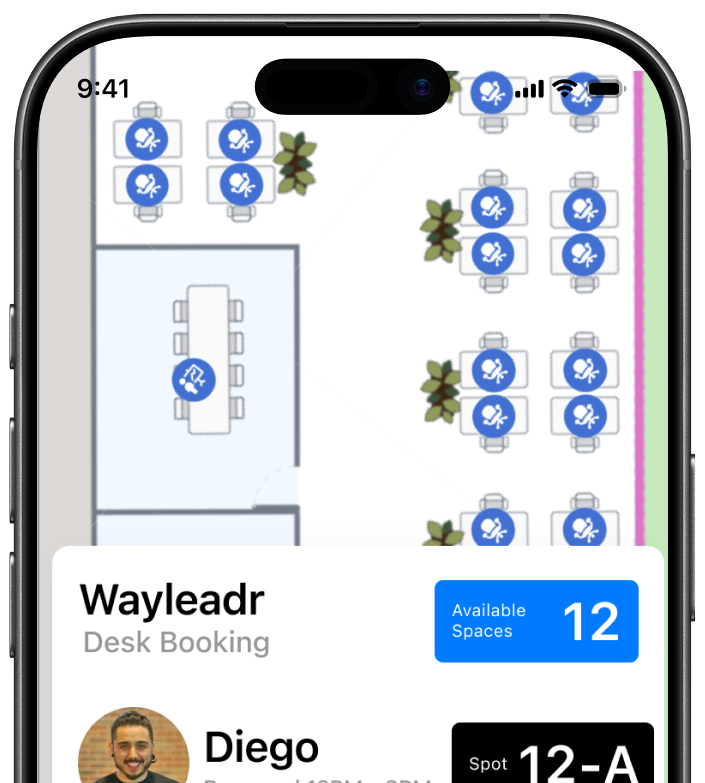 A smartphone screen displays a desk booking app showing a floor plan with available desks and a user profile with details for a reserved spot.
