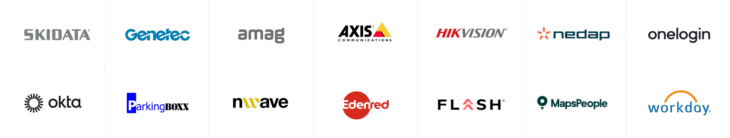 A grid of 15 company logos, including SKIDATA, Genetec, amag, AXIS, HIKVISION, nedap, onelogin, okta, ParkingBoxx, nuwave, Edenred, FLASH, MapsPeople, and workday.