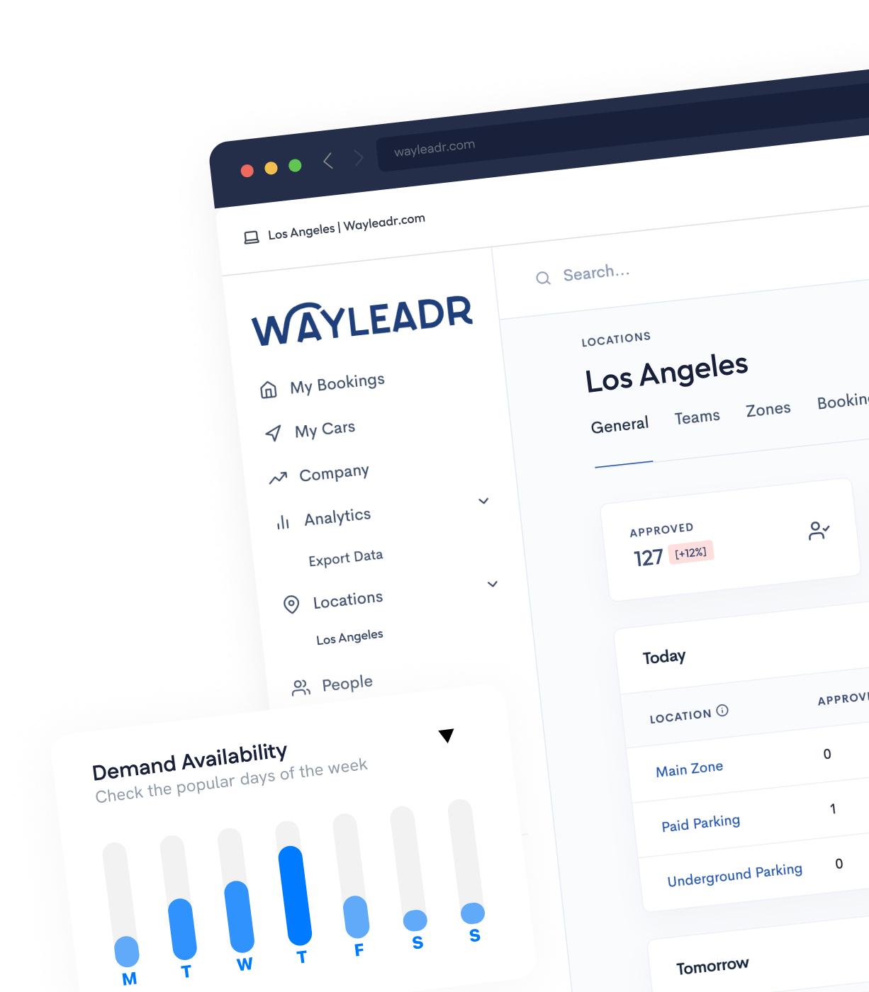 Screenshot of the Wayleadr web dashboard showing Los Angeles location details, approved bookings, and a demand availability chart for parking across days of the week.