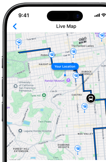 A smartphone screen displays a live map showing routes and landmarks in San Francisco, with a blue marker indicating the user's current location.