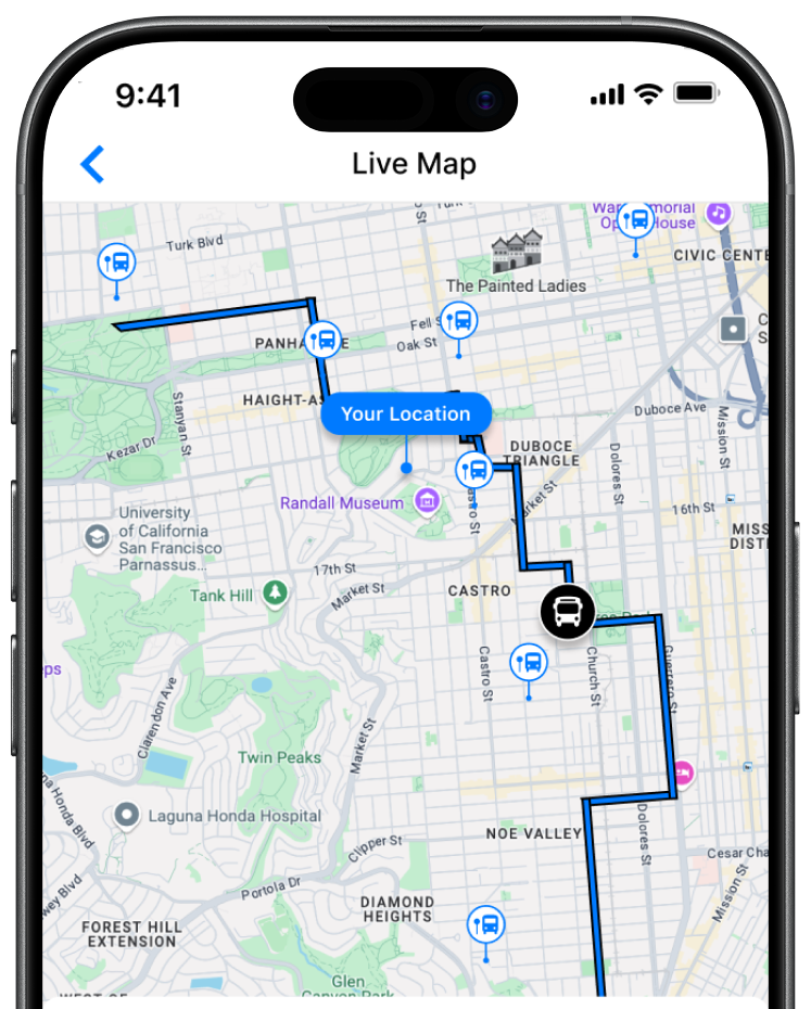 A smartphone screen displays a live map with a blue route, multiple transit icons, and a marker labeled “Your Location” near the center of San Francisco.