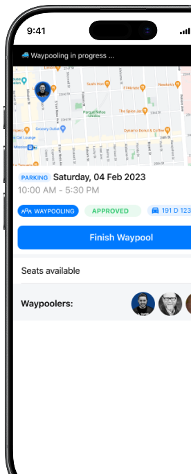 A smartphone screen displays a waypooling app with a map, trip details for February 4, 2023, available seats, and user profile icons.