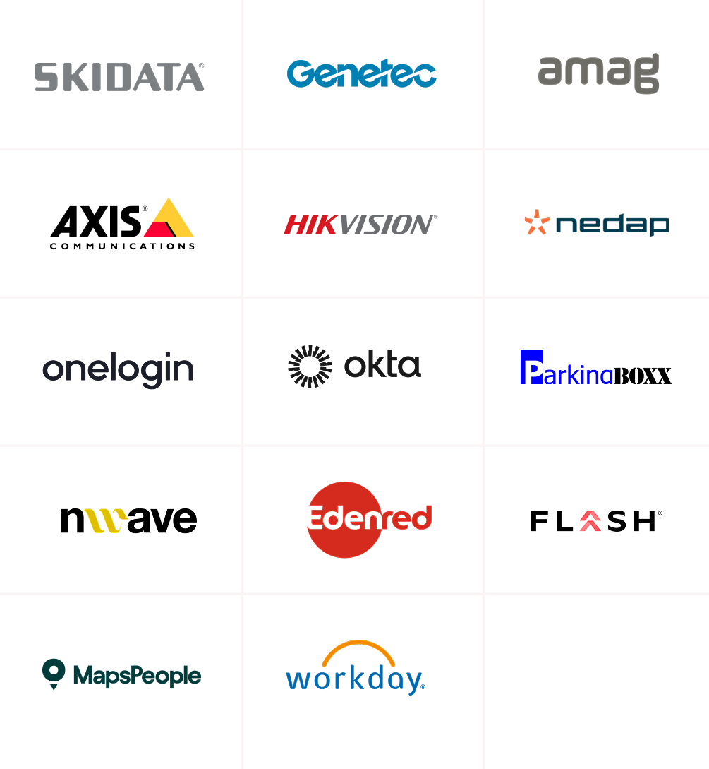 Grid of sixteen company logos, including SKIDATA, Genetec, amag, AXIS Communications, HIKVISION, nedap, onelogin, okta, ParkingBOXX, nwave, Edenred, FLASH, MapsPeople, and workday.
