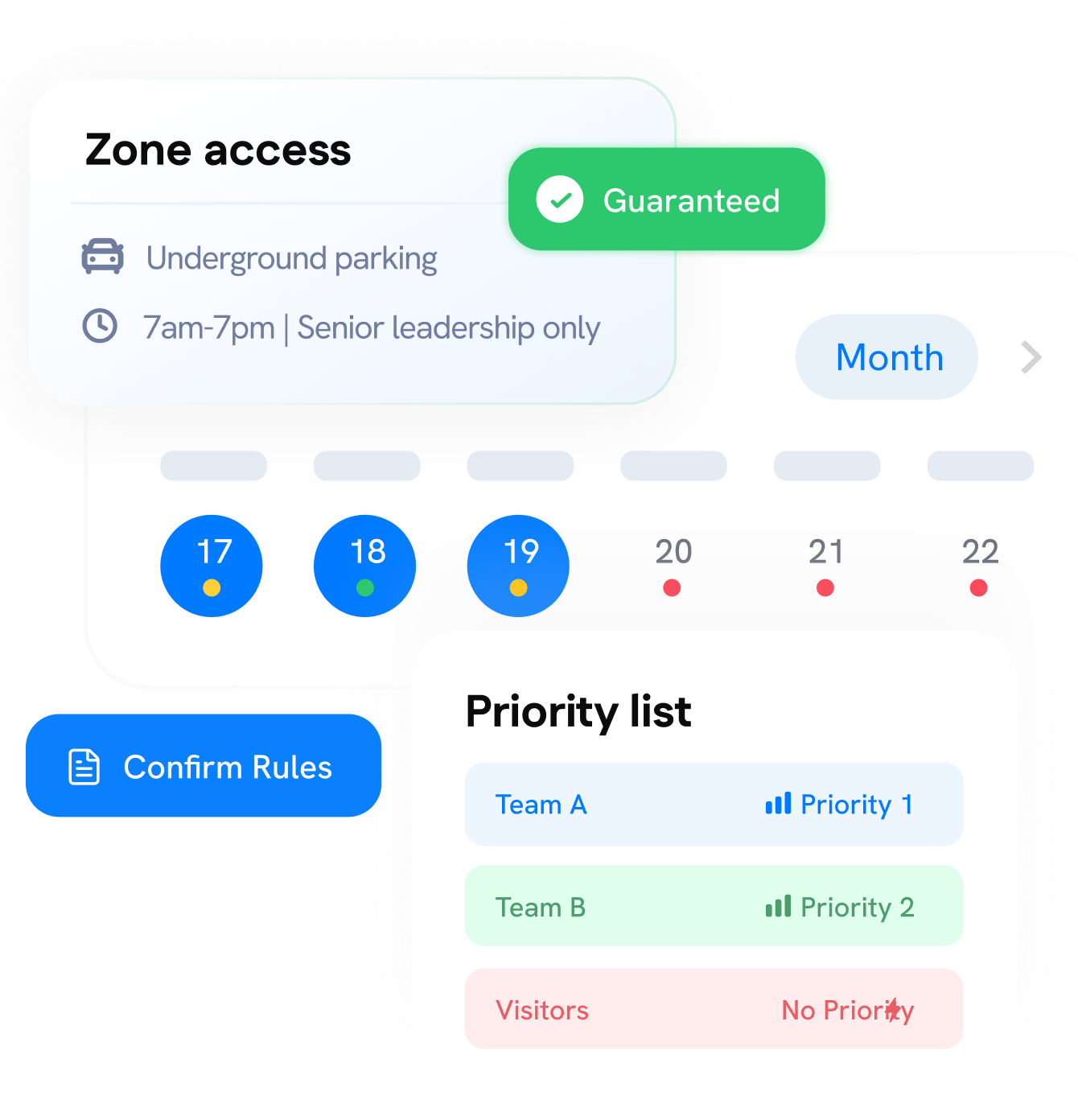 A digital interface displays parking zone access details, a calendar, a priority list for teams and visitors, and a button labeled "Confirm Rules.
