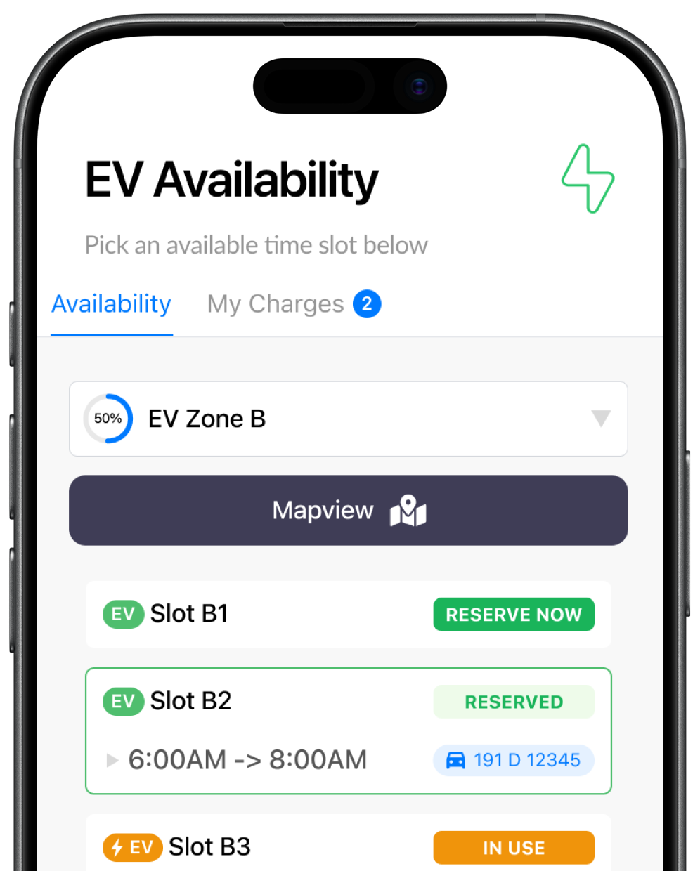 A smartphone screen shows an app displaying electric vehicle charging slot availability, with slots labeled B1 to B3 and reservation options for each time slot.