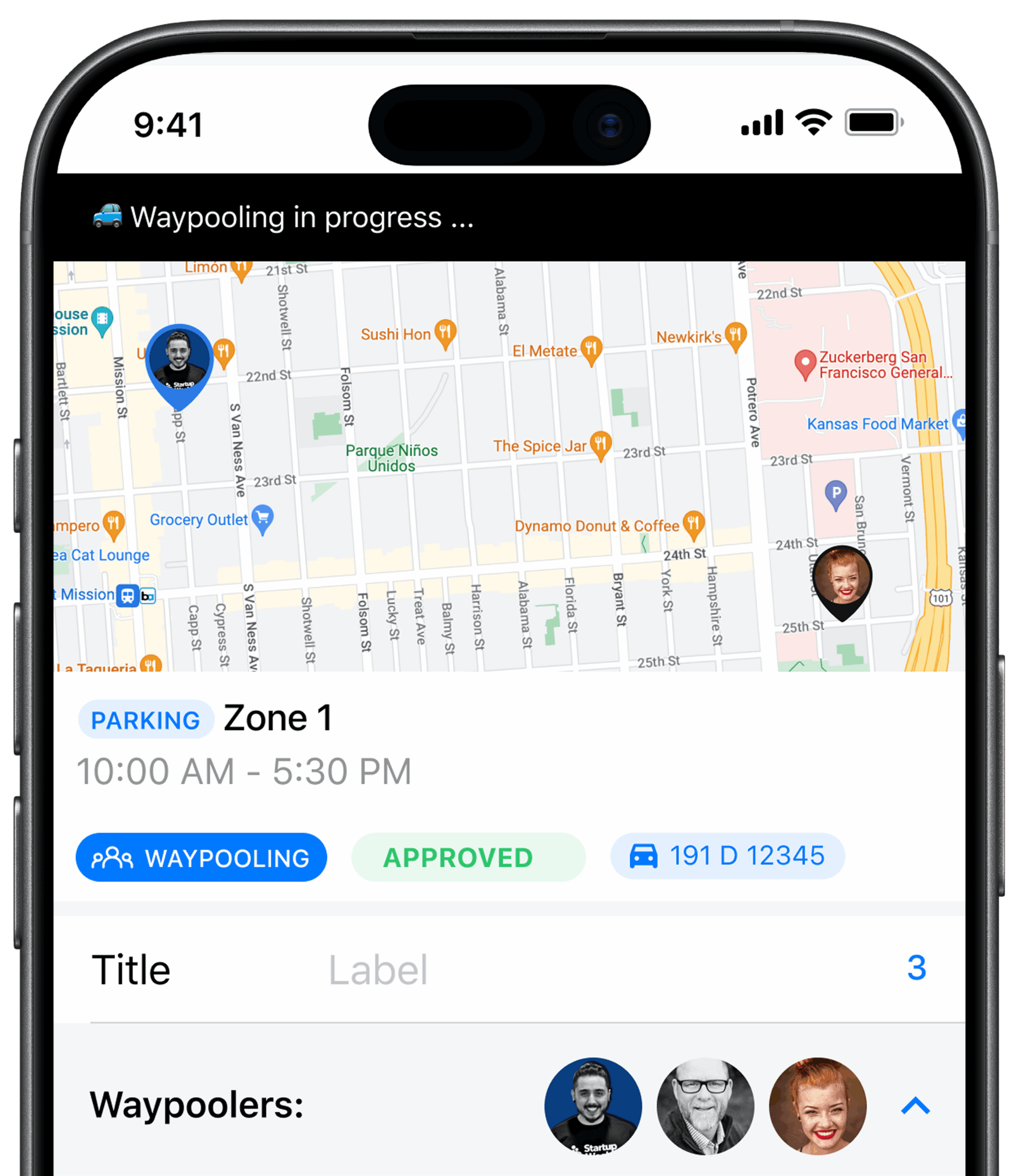 Smartphone screen showing a waypooling app with a map, parking details, approval status, and profile pictures of participants.