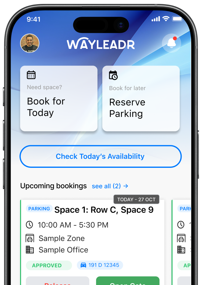 Smartphone screen showing the Wayleadr app interface with options to book parking for today or reserve for later, plus details of an approved upcoming parking reservation.