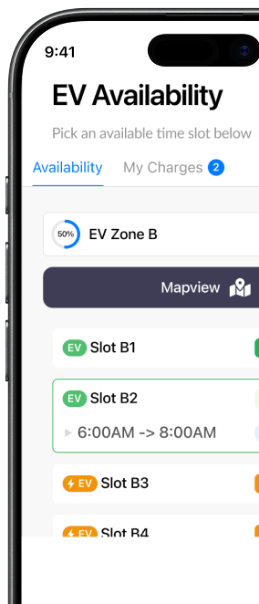 Smartphone screen showing an EV Availability app with available charging slots, including Slot B2 booked from 6:00AM to 8:00AM in EV Zone B.