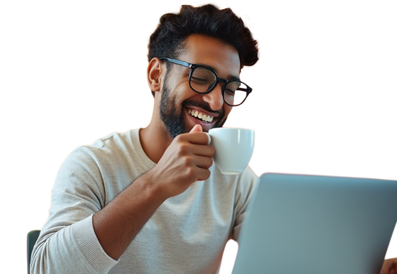 A man wearing glasses smiles while holding a cup and looking at a laptop.
