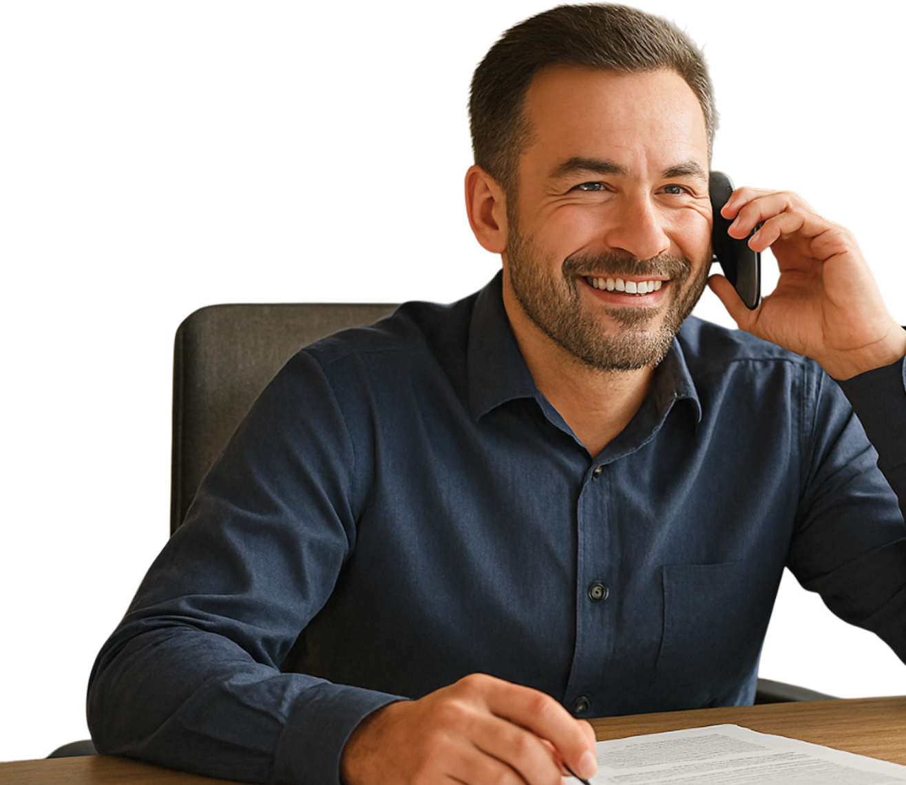 Man in a navy shirt sits at a desk, smiling and holding a phone to his ear, with paperwork in front of him.