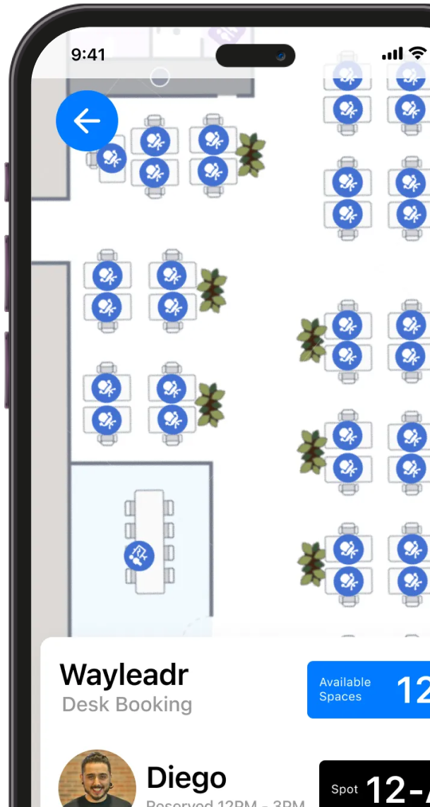 Smartphone screen displaying an office desk booking app with a floorplan showing available desks and a booking confirmation for a user named Diego.