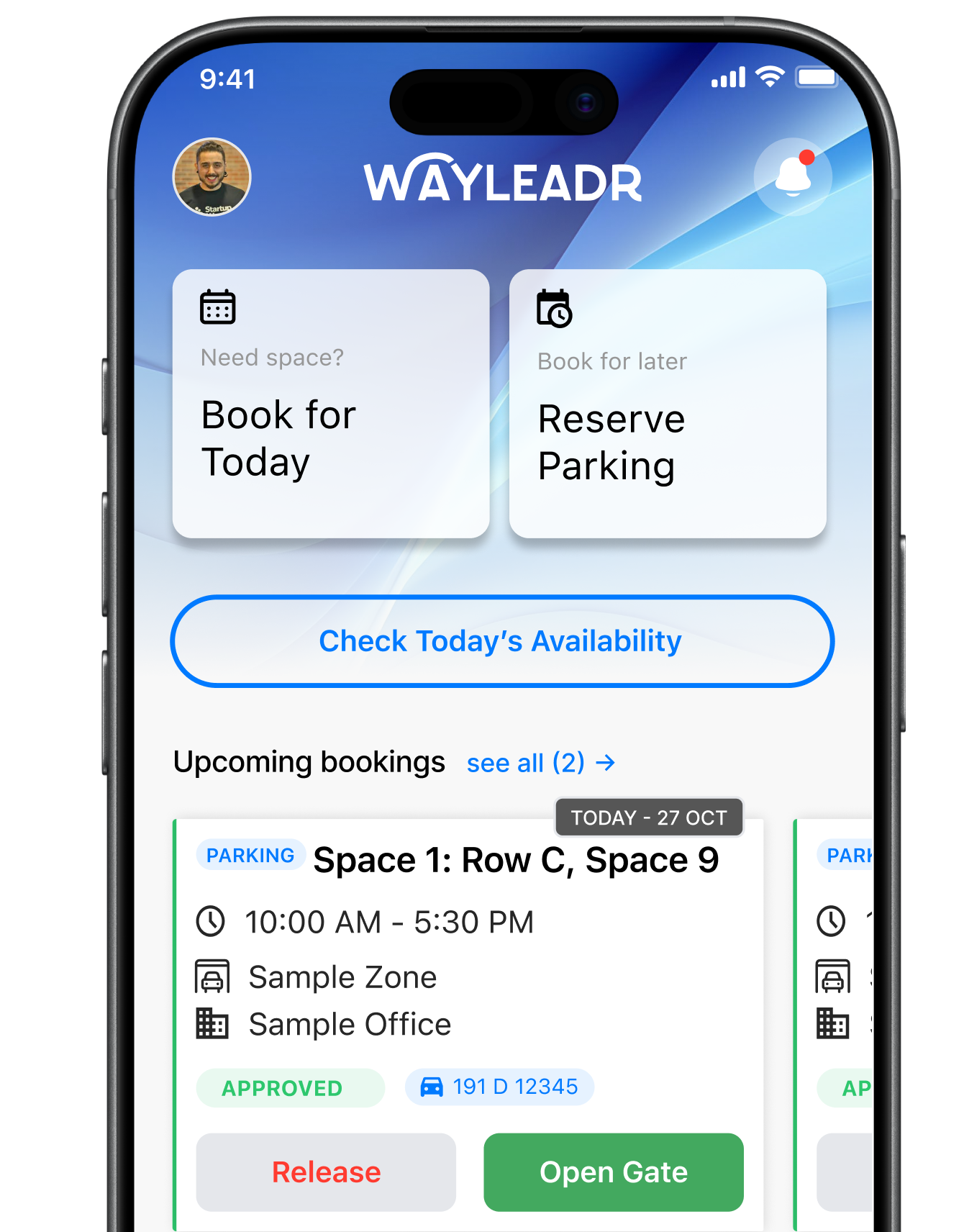 A smartphone screen displays the WAYLEADR app with options to book or reserve parking and a booking for Space 1, Row C, Space 9 shown, including time, location, and gate access.