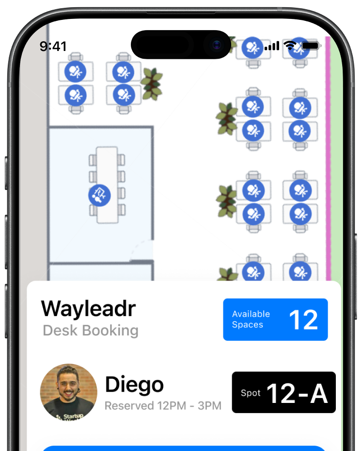 A smartphone screen displays a desk booking app showing a floor plan with available desks, 12 spaces available, and a reservation for Diego at spot 12-A from 12PM to 3PM.