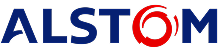 ALSTOM logo with blue letters and a stylized red circular design integrated into the letter "O.