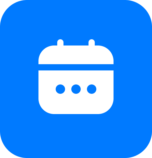 White calendar icon with three dots on a blue rounded square background.