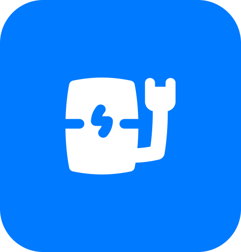 A white robotic arm with a lightning bolt symbol on a blue rounded square background.