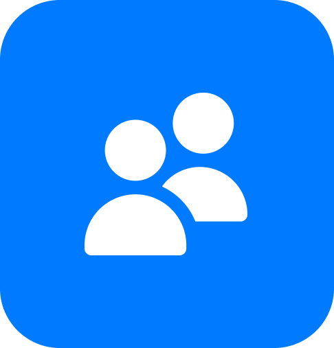 Two white user silhouettes on a blue rounded square background, symbolizing a group or people.