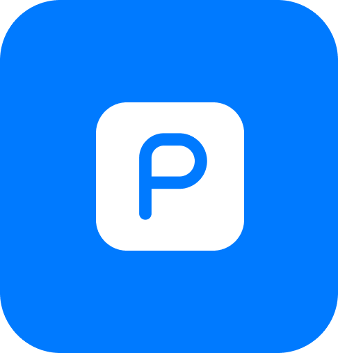 A white rounded square with a blue letter "P" in the center, set against a blue rounded background.