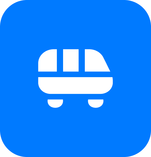 Icon of a simplified white train or monorail on a blue rounded square background.